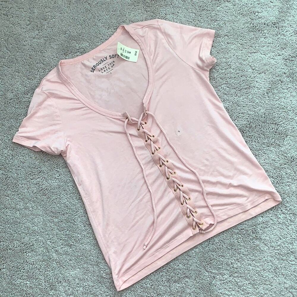 AERO Seriously Soft Pink Lace Up T-Shirt S